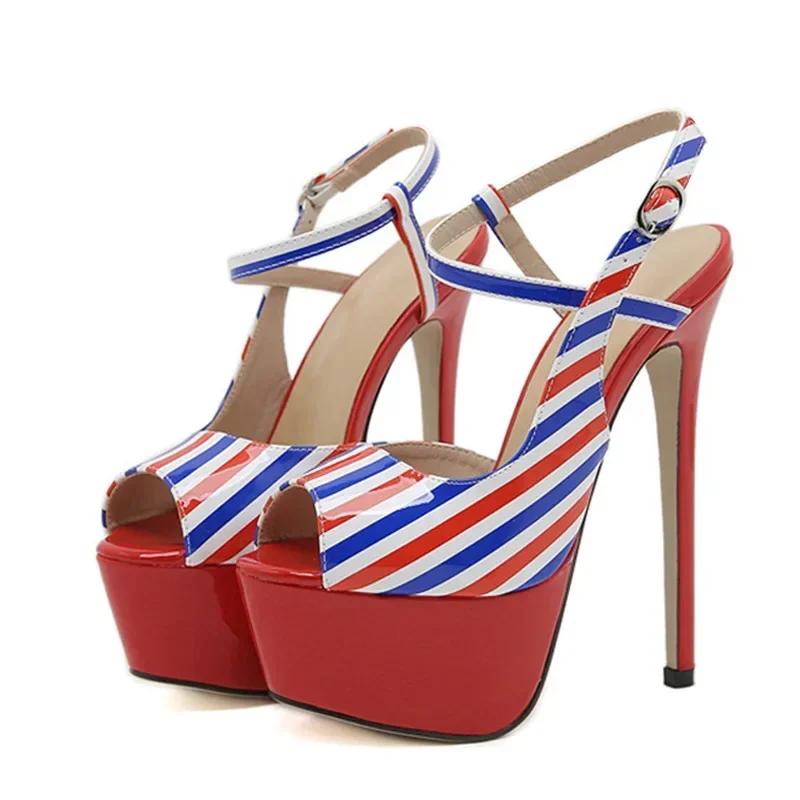 Fashion New Designer Summer Striped Ankle Strap Platform Sandals Women Sexy 16CM Fetish High Heels Wedding Banquet Shoes Stilettos Heels