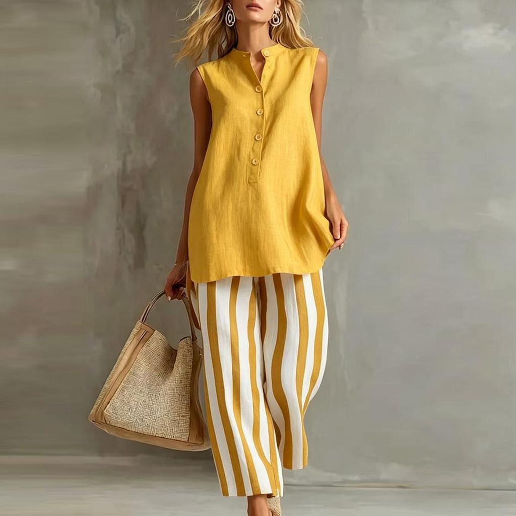Sleeveless Button Front Blouse and Wide Leg Striped Pants Two Piece Set for Women Casual Loose Fit Summer Outfit