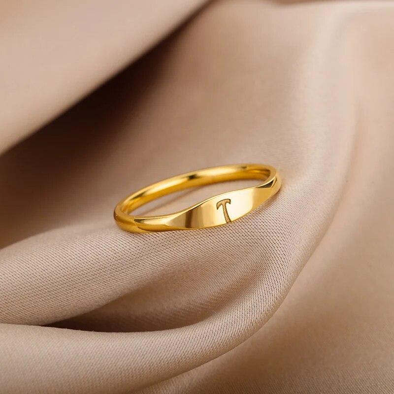 Inele drăguțe cu litere mici, pentru femei, bărbați, bijuterii de modă, culoare aurie, inițiale din oțel inoxidabil, inele de degete stivuibile, dimensiunea 7 8 9 10