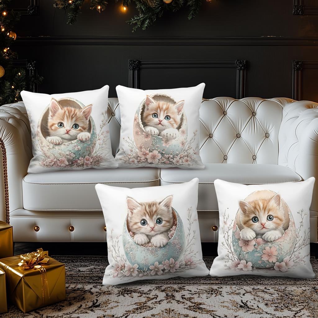 Adorable Kitten Eggshell Easter Cushion Covers - 4pcs Set, Gorgeous Style, Easy-Care, Machine Washable, Zipper Closure, 18x18 Inches