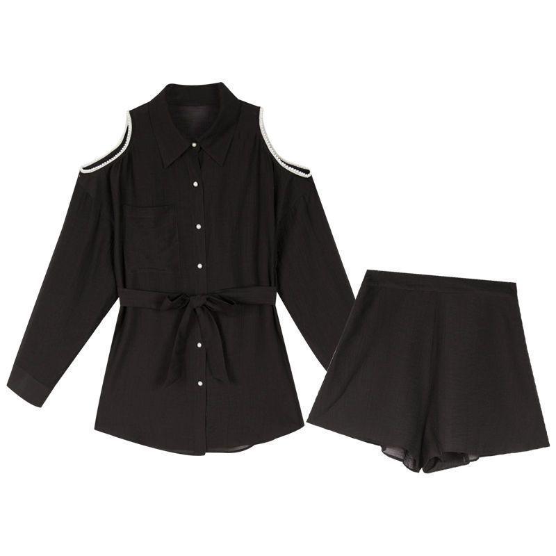 Women s 2026 Korean Chic Off-Shoulder Lace-Up Sun Protection Shirt & Shorts Set S