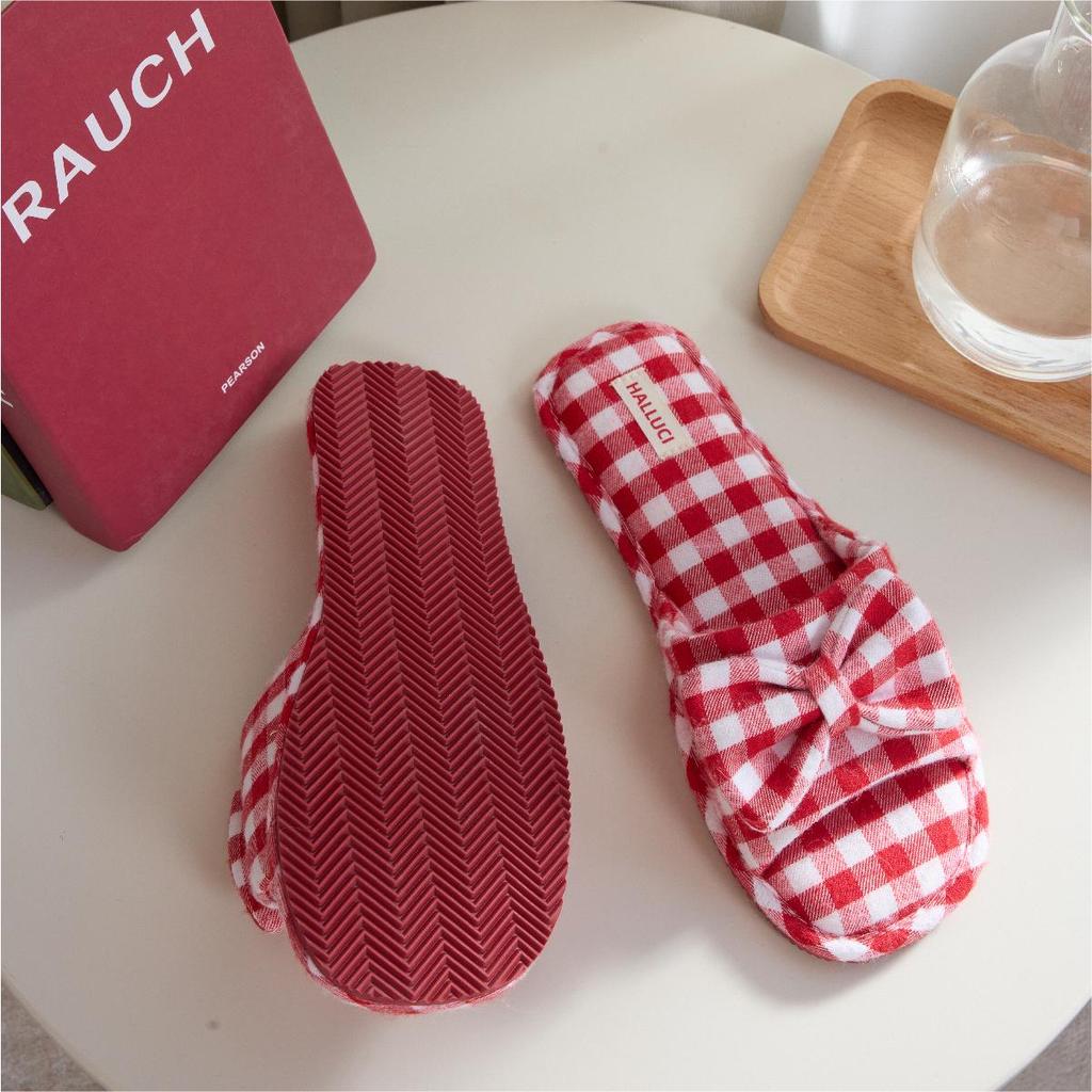 Four Seasons Plaid Bow TPR Sole Non-Slip Durable Women's Indoor Slippers