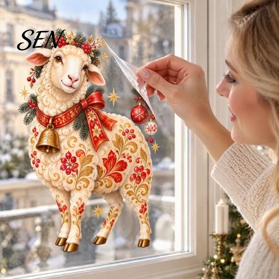 Reusable Glass Adhesives 2027 Year of Goat Window Cling, Russian Happy New Static Transparent Film Sticker, PVC Decal for Home and Store Holiday Party