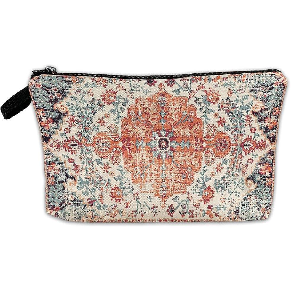 White Flower Floral Makeup Cosmetic Bag Blue Aesthetic Pouch Organizer Small Compact Cute Travel Mini Portable Beauty Toiletry Make Up Brush Storage