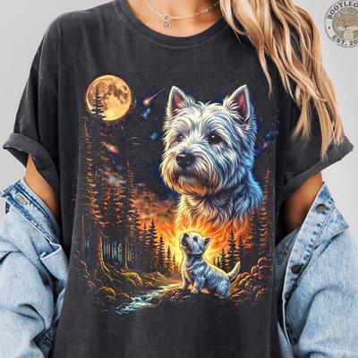 Vintage West Highland Terrier Howling To the Moon. Pet Lover Gift. Cosmic Wild Forest Night Sky. 90s Washed Comfort Colors® Graphic T-Shirt