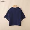 ZANZEA Blusa Casual de Mujer con Cuello Redondo y Encaje en la Manga Media