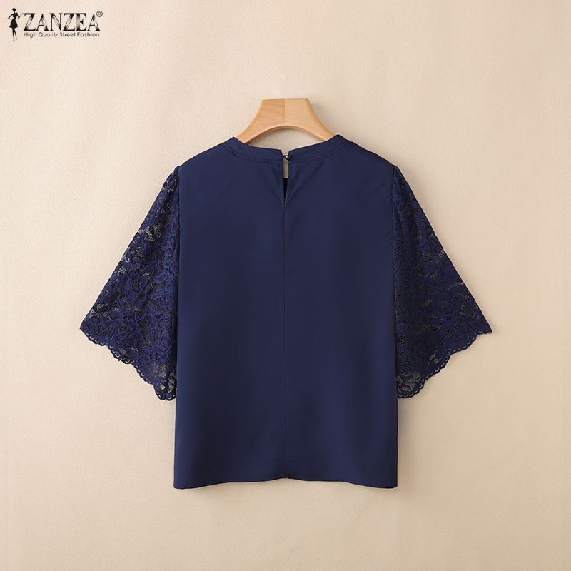ZANZEA Blusa Casual de Mujer con Cuello Redondo y Encaje en la Manga Media