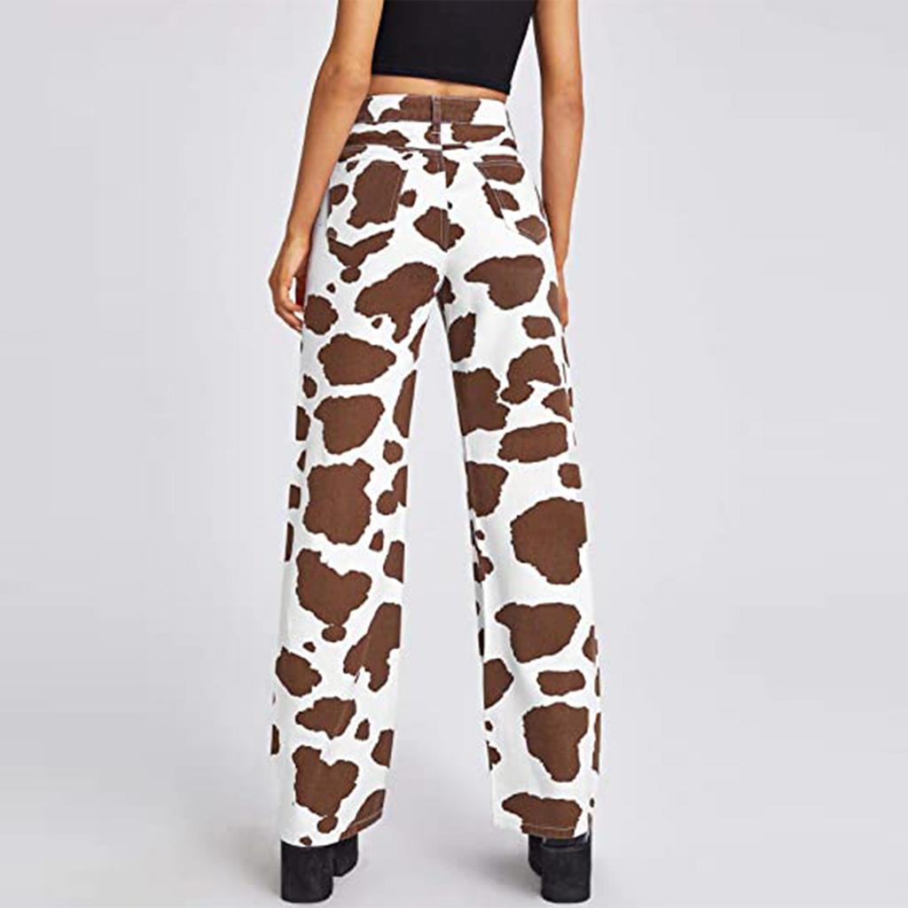 Fashion Women High Waist Loose Pocket Cow Printing Jeans Pants