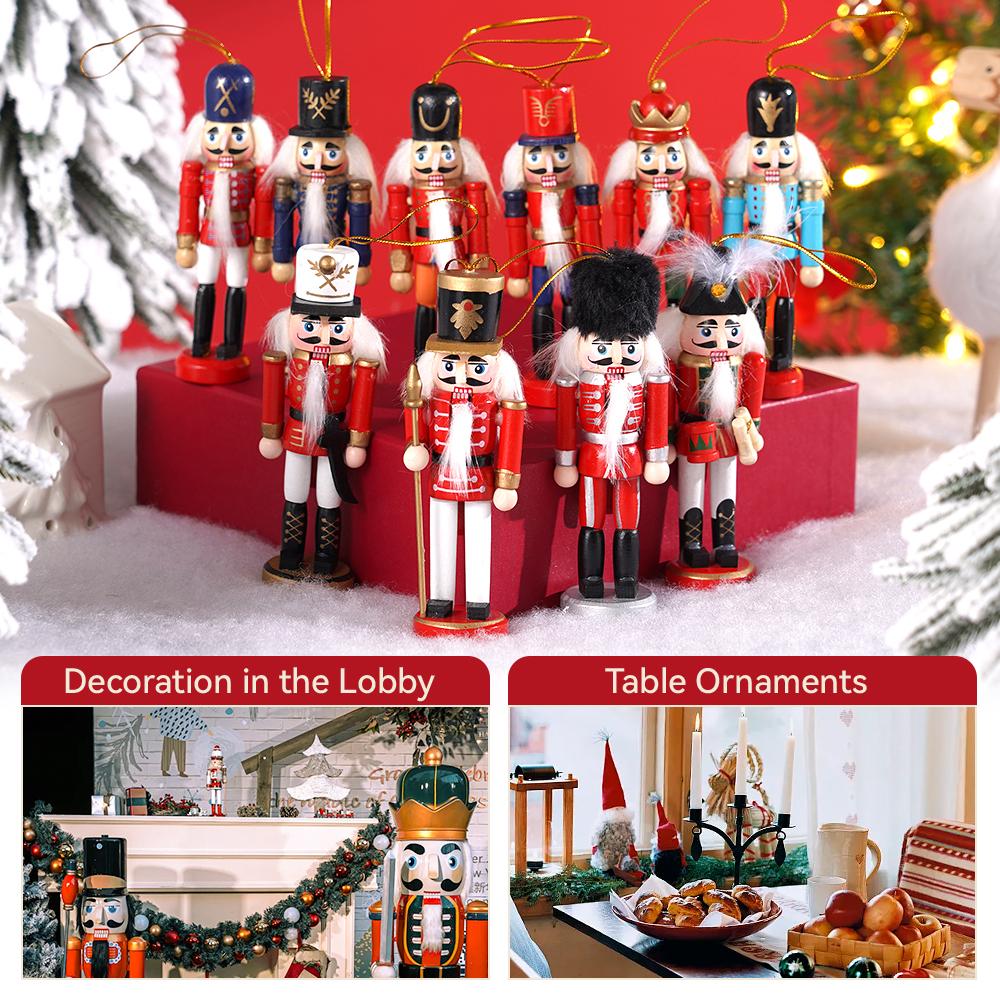 10pcs Christmas Nutcracker Pendants Wooden Painted Christmas Tree Ornaments Cute Pendants, Home Christmas Hanging Decorations
