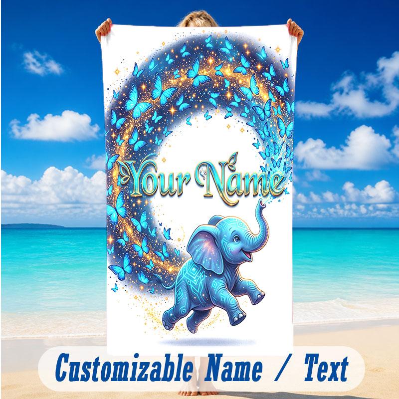 Elephant Theme Beach Towel Personalized Custom Name & Text Soft Quick Dry Beach Towel for Swimming Travel
