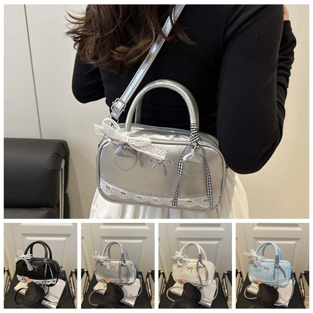 Lace Ribbon Boston Handbag Bow Small Square Bag All-Match Crossbody Bowling Bag Party