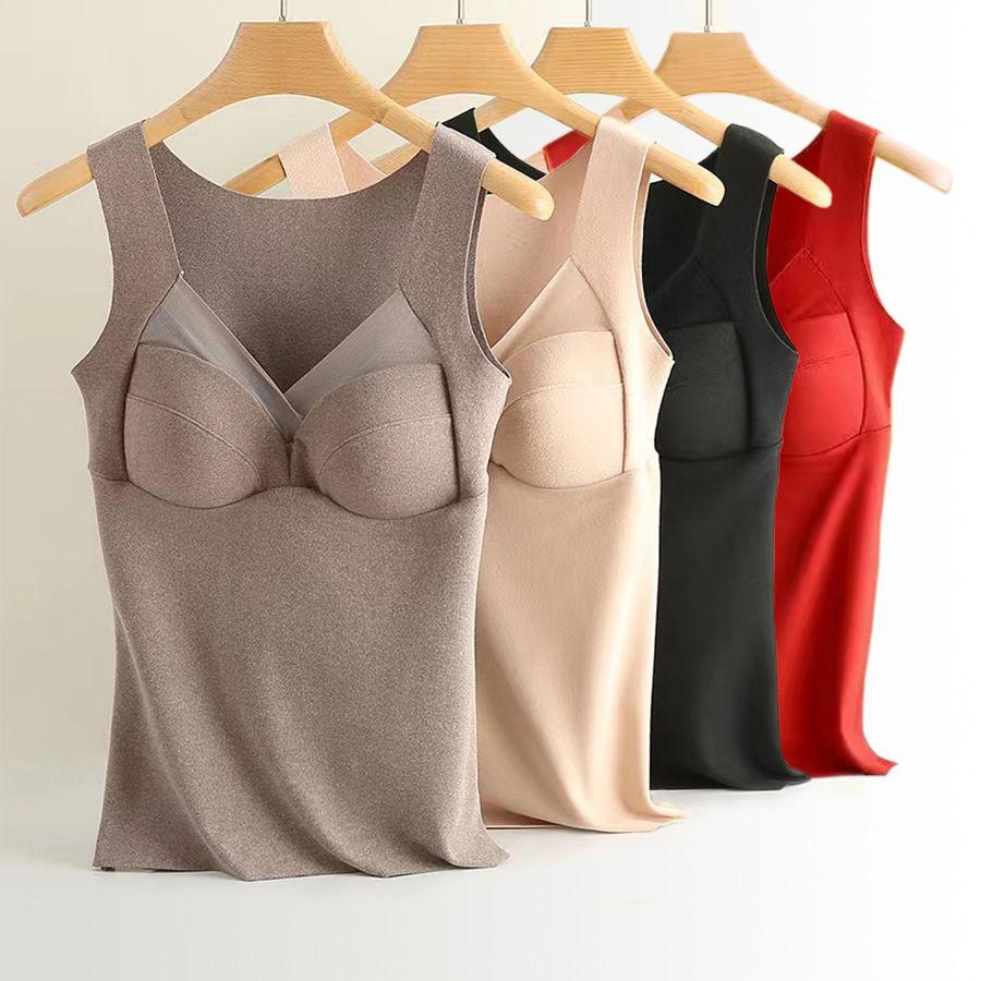 Winter Women's Velvet Thermal Vest Sleeveless Thermal Underwear with Bra Pads Sleeveless Bottoming Shirt Fleece Undershirt with Bra Pads