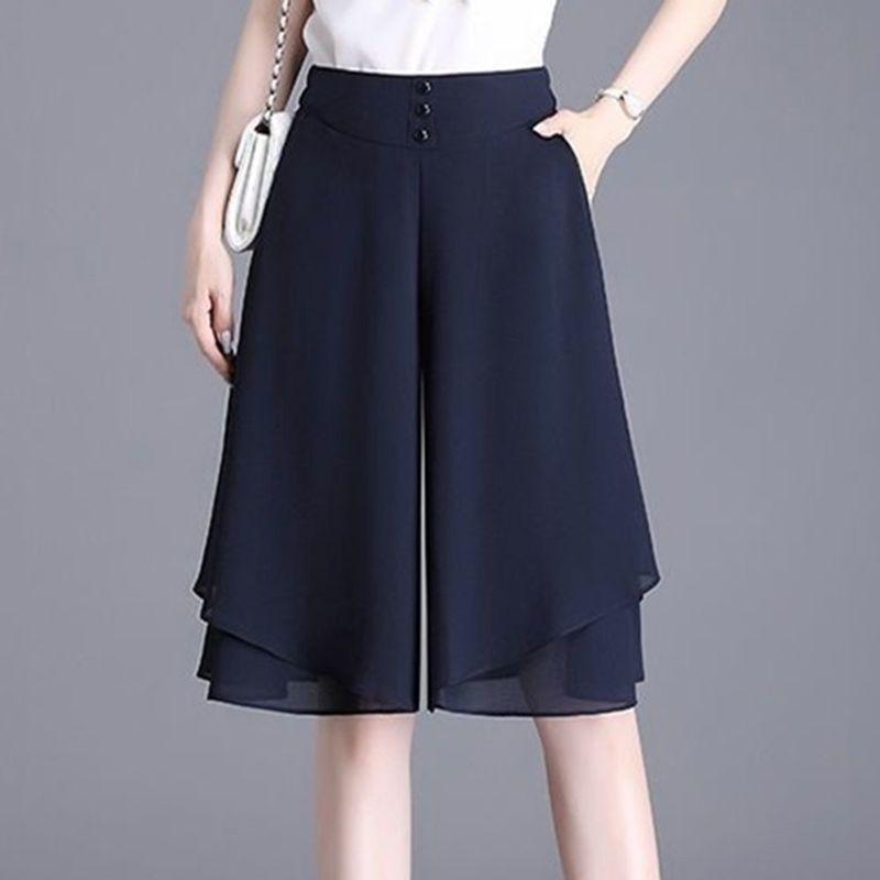 

Plus Size Plus Size Ladies Chiffon Drape Double Layer Fifth Wide-Leg Pants Navy blue M code [within 47.50kg recommended]]