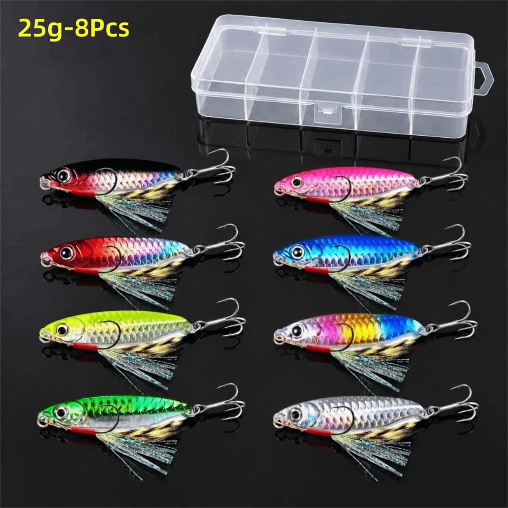 8Pcs Set Sharp Hooks Metal Fishing Lure 3D Eyes Design Metal Jig Spoon Saltwater Fishing