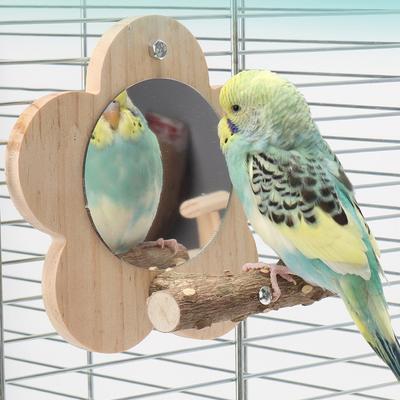 Holz Vogel Sitzstange Naturholz Vogel Sitzstange Ständer mit Spiegel Papageien Plattform Käfig Zubehör Ast Sitzstange Stange Ständer