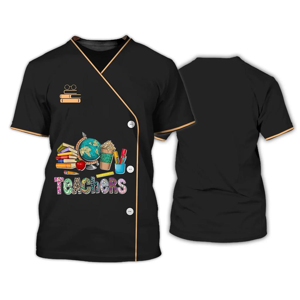 Lehrer Harajuku Uniform T-shirt Casual Oansatz Kurzarm T-shirt Brief Druck Pullover Super Große Arbeitskleidung frauen Top 2023