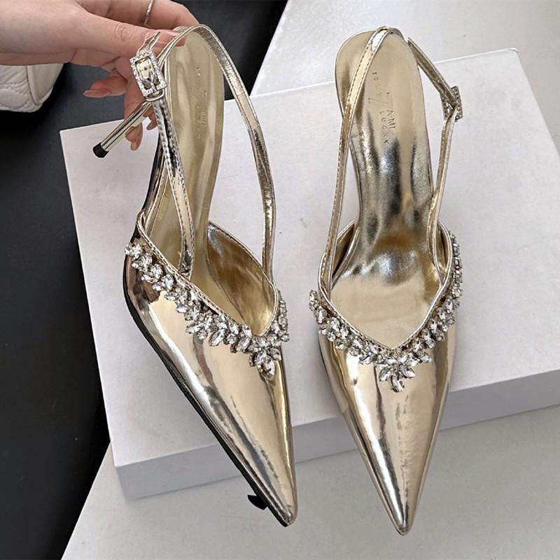Fashion High Quality Patent Leather Rhinestone High Heels Women Sexy Pointed Toe Slingback Heeled Sandals Elegant Banquet Dress Shoes