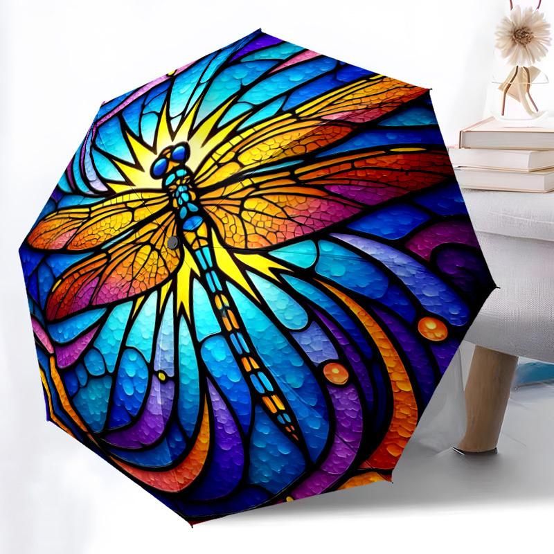 

1pc Stained Glass Dragonfly Automatic Open/Close Umbrella | Portable Folding Iron and Plastic Umbrella, Compact Travel Umbrell (as the picture,iron&8K)