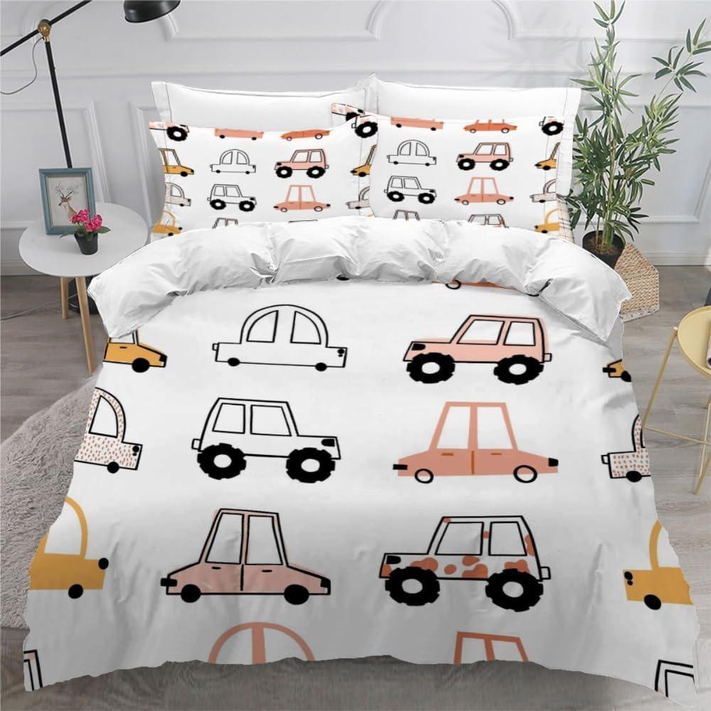 3D printed high-quality cartoon car duvet cover set, children's and adult bed cover set, 3-piece set with zipper car microfiber
