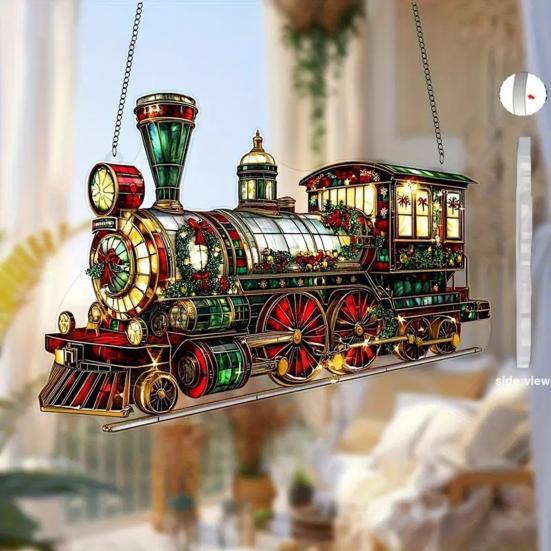 Yousheng Acrylic Suncatcher Christmas Ornaments Stained Glass Effect 2D Flat Train/Christmas Tree/Santa Claus Window Hanging Decoration for Holiday