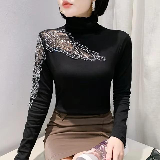 

Spring Autumn Korean Clothes T-Shirt Sexy Shiny Hot Diamonds Women Turtleneck Tops Sweet Female Long Sleeve Cotton Tees Blouses 3XL чорний