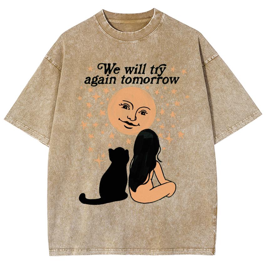 Black Cat Girl Print Women T-Shirt Washed Short Sleeve Personality Teen Student Half Sleeve Street Trend Vintage Top