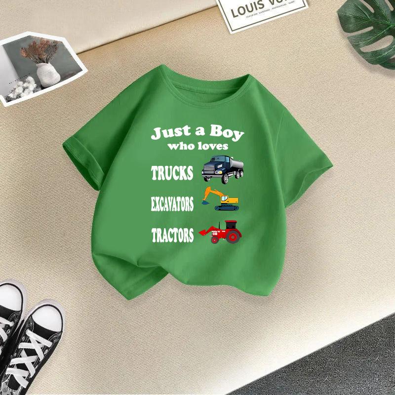 Barn T-shirt 2-13Å Lös passform Casual O-hals Kortärmad Flick T-shirt Topp Pojk T-shirt Grävmaskinstryck Kortärmad