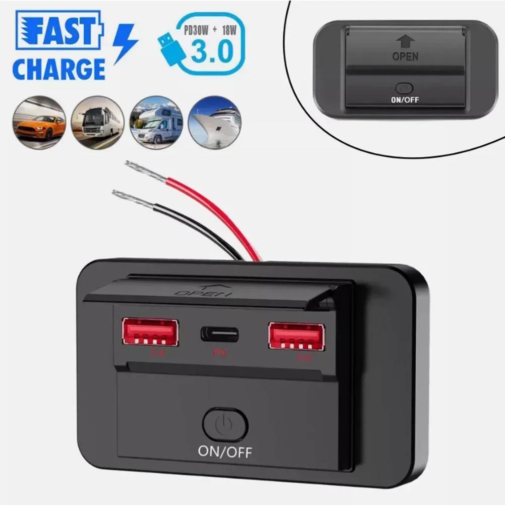 Autoladegerät-Steckdosenfeld, Dual-Schnellladegerät, Autoaufladung, 12-V-24-V-Fahrzeuge, 2 USB-Schnittstellen, Aluminiumlegierungsgehäuse