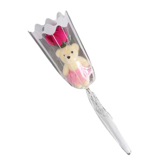 Valentine's Rose Flower Bouquet with Bear Single Soap Flower with Plush Bear Artificial Rose Bouquet Gifts for Weddings Anniversaries