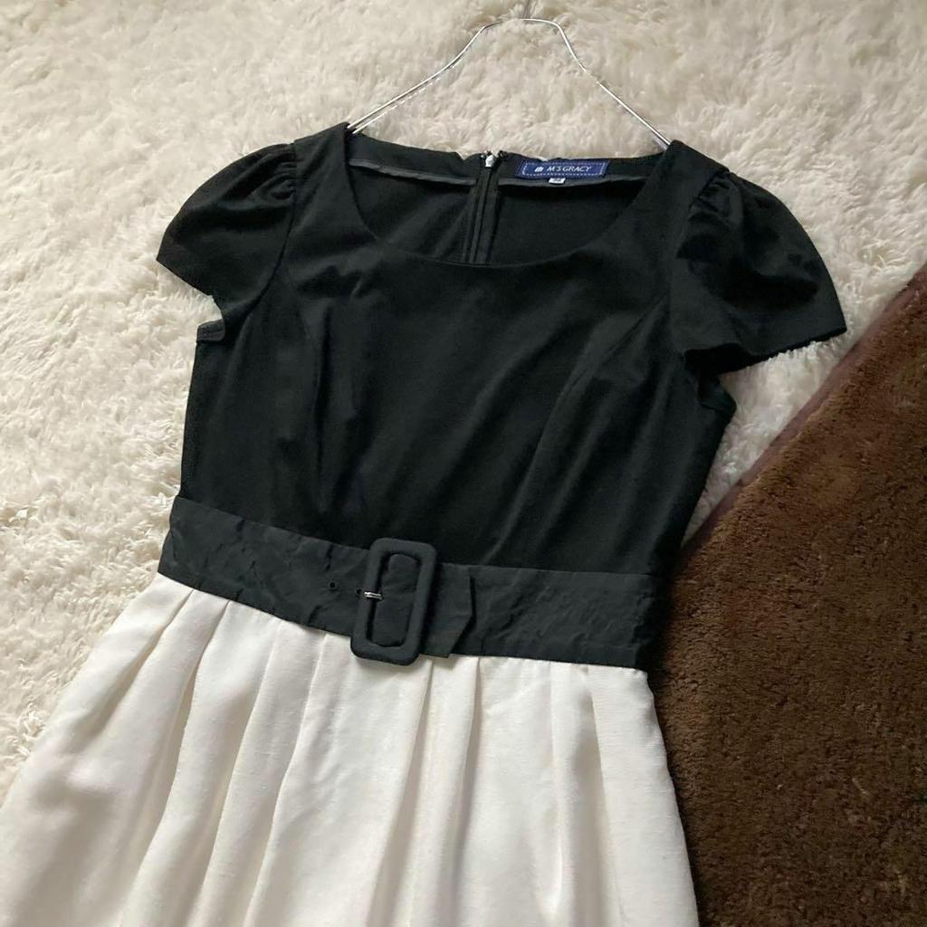 Used M's Gracie Different Materials with Belt Docking Summer Dress White Black 38