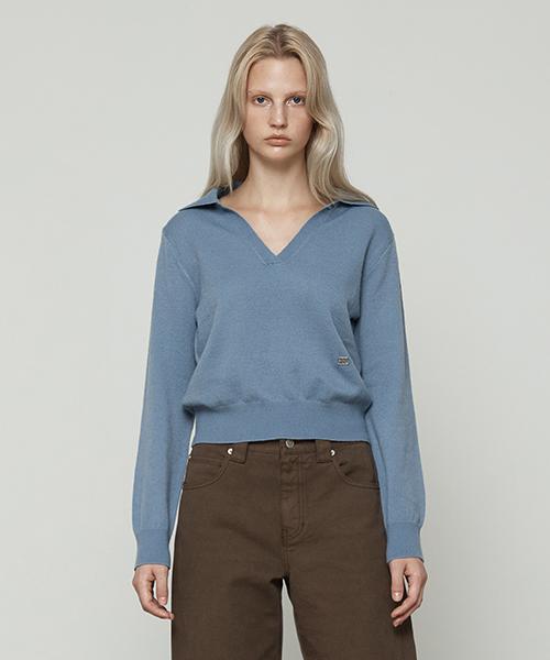 Current Collared V-Neck Knit Long Sleeve [Blue] Ivory/S