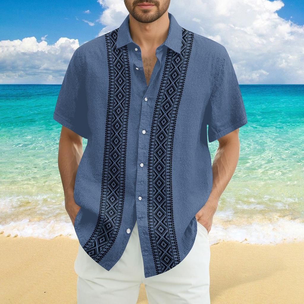 Men's Fashionable Casual Loose Striped Printed Beach Short-sleeved Shirt
