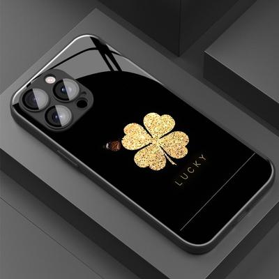Minimalist Golden Lucky Clover Pattern Glass Phone Case For iPhone 17 16 15 14 Pro Max 13 12 11 17Air 16E 7 8 Plus XR XS X Cover