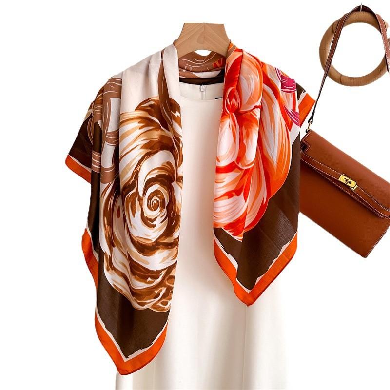 Flower 90 Imitation Silk Large Square Scarf Retro Large Printing Shawl Temperament Versatile Herringbone Scarf Headscarf Women