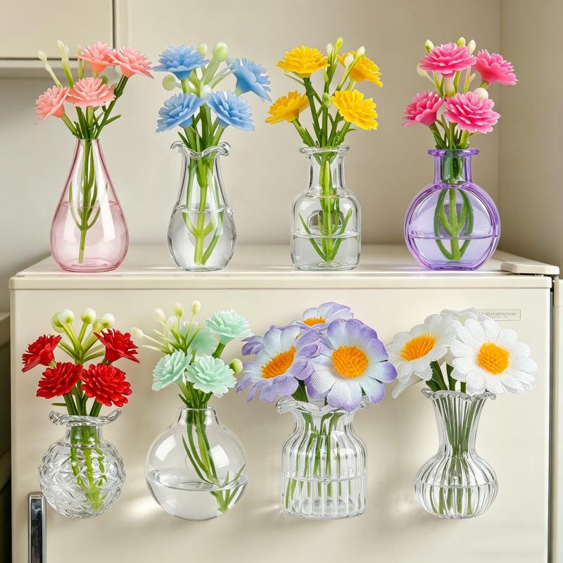 Mini Glass Vase Fridge Magnets 8-Pack DIY Artificial Flower Fridge Magnets Creative Decorative Magnetic Flower Pot Home Kitchen Decor