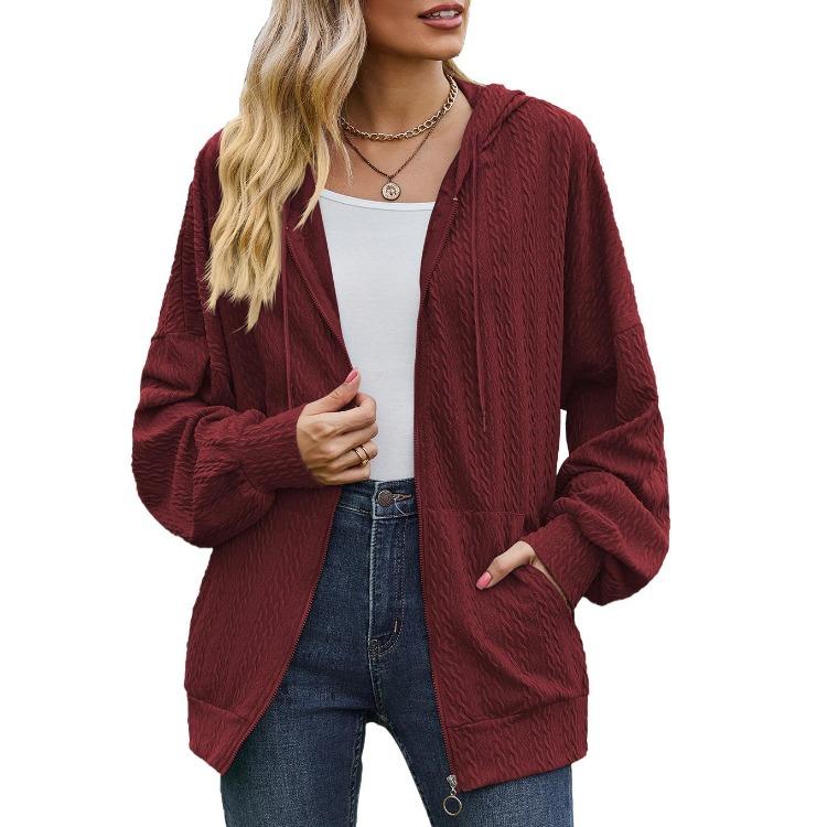 

Women s Hooded Jacket Zip Up Coat Loose Long Sleeve Solid Color Pocket Autumn Winter S бордовый