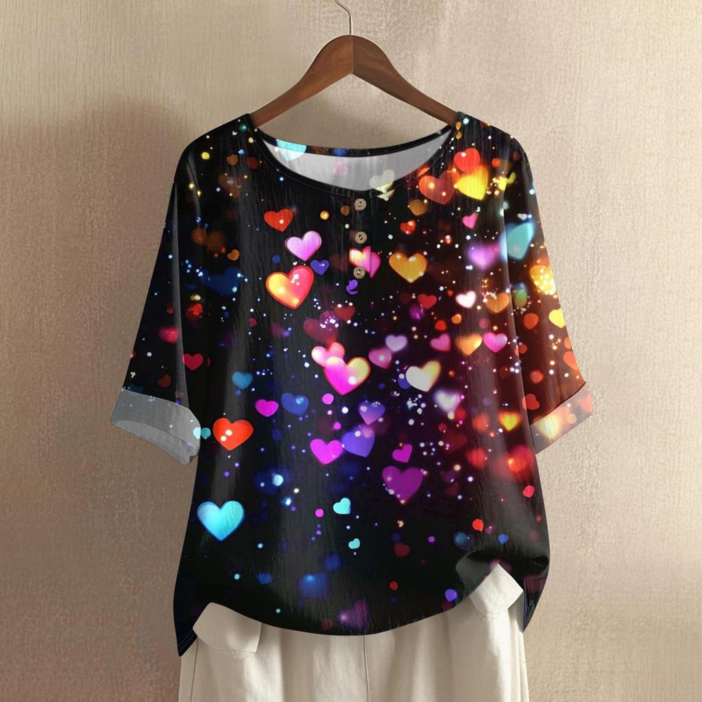 Damska casualowa i wygodna bawełniano-lniana bluzka z okrągłym dekoltem, średniej długości, z modnym nadrukiem