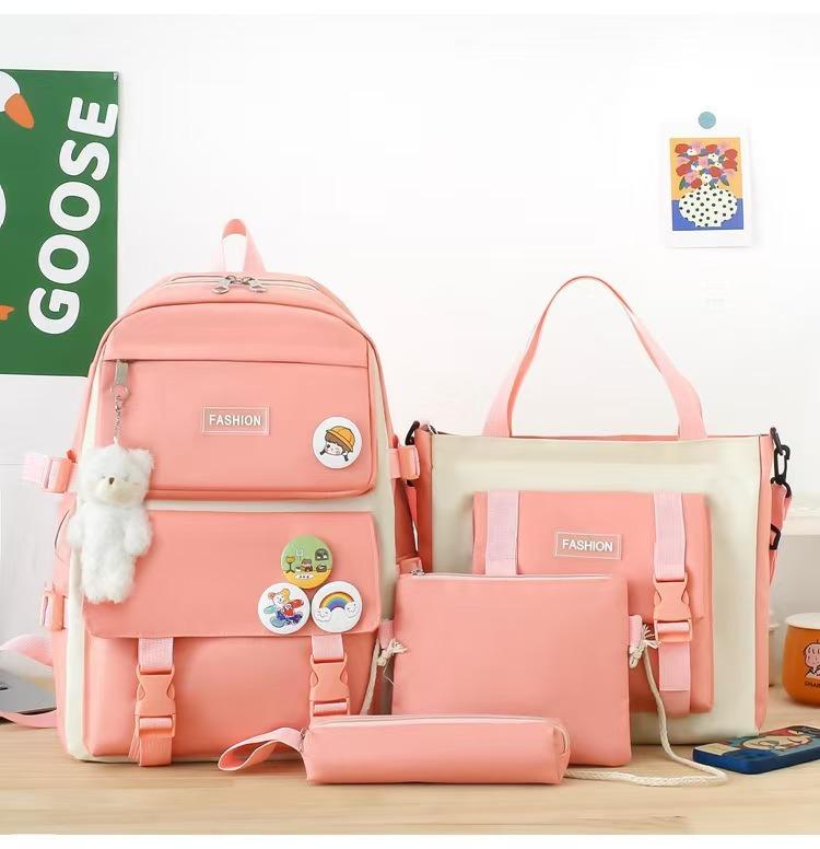 New schoolbag backpack women's Korean version canvas large capacity five-piece set middle school student backpack student schoolbag women