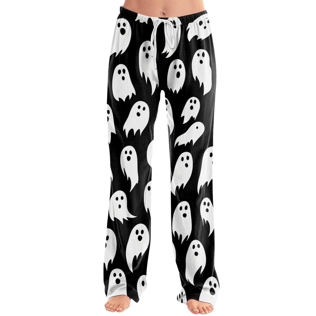 Damen Halloween Print Kordelzug Hose Lässige Lounge Hose Elastischer Bund Entspannte Passform Vollständige Länge Hose für den Alltag