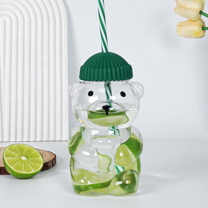 550ml Kávový hrnek ve tvaru kresleného medvídka Roztomilý medvídkový hrnek Plastový kelímek pro mazlíčky se slámkou Průhledné Kreativní hrnky na mléko, kávu, vodu