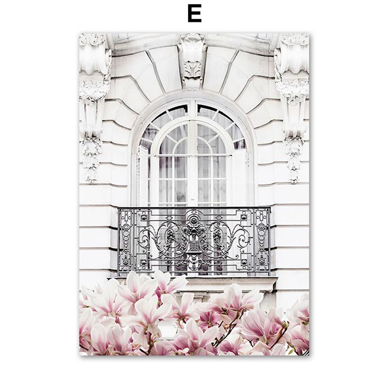 

Настенная картина на холсте, розовые цветы, Париж, окна, балконная башня, скандинавские принты и постеры, настенные панно для декора гостиной 40x50cm No Frame