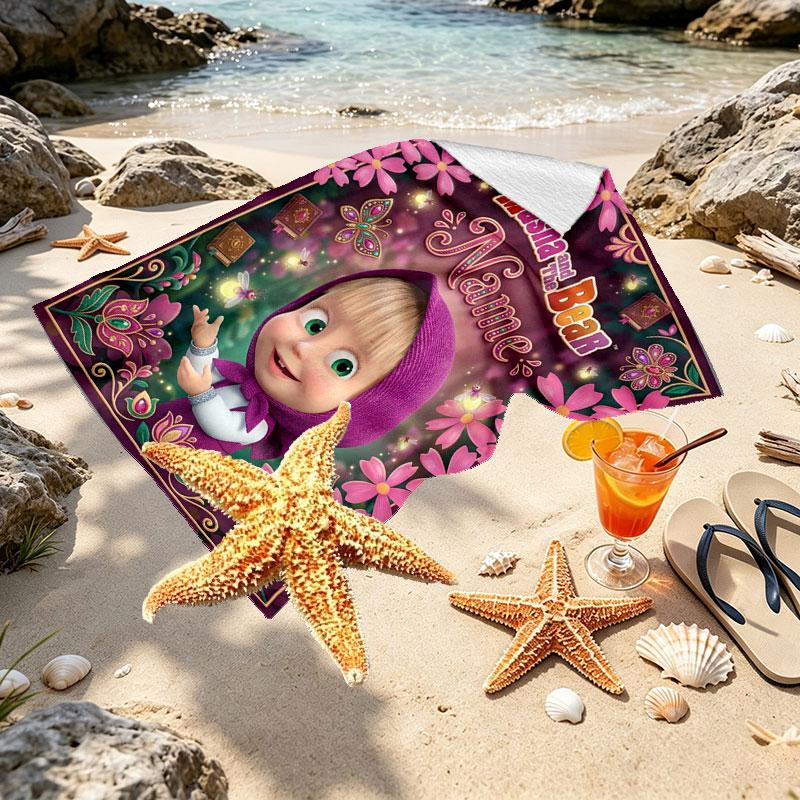 Custom Name Personalized Masha and the Bear Print Beach Towel, for Trip Camping Beach Party Home Decor, Birthday Gift for Family & Friends