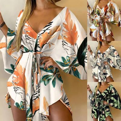 Asymmetrical Hem Mini Dress Tropical Print Sexy Tie Front V Neck Women Dress Beachwear