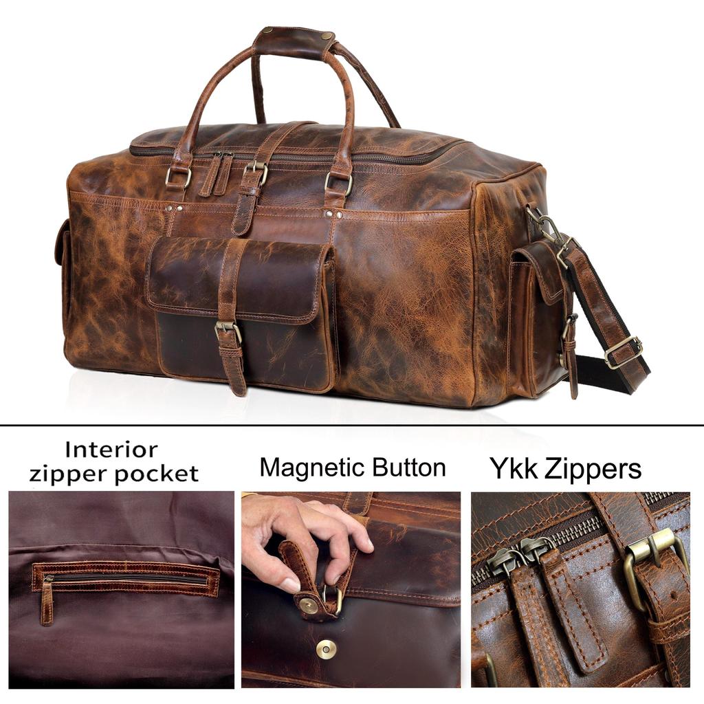 Personalized Full Grain Leather Duffle Bag: Travel Weekender Carry-on