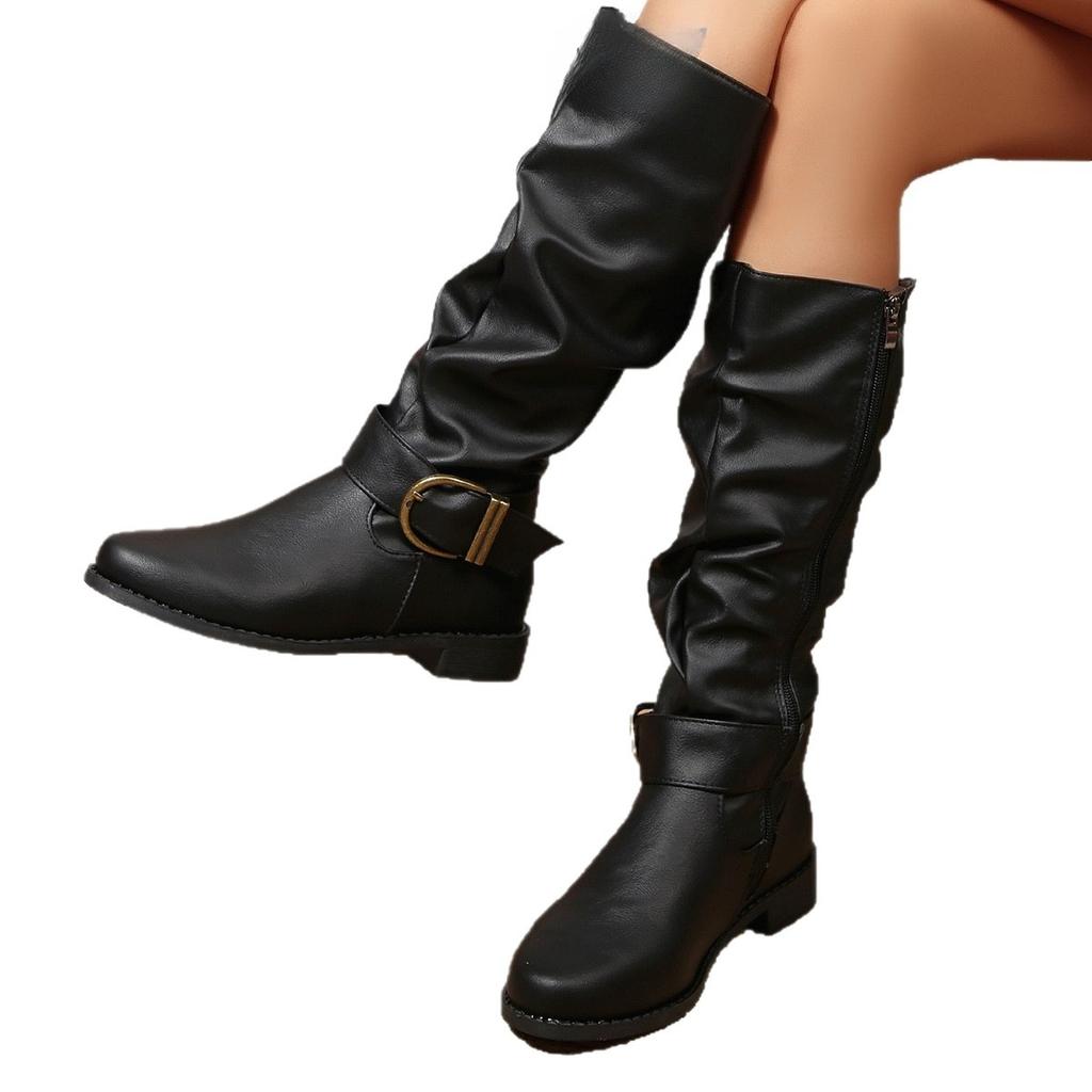 Fashion Vintage Brown Women Knee High Boots Big Size Low Heels Platform Long Boots Autumn Winter Pu Leather Zip Women Warm Booties