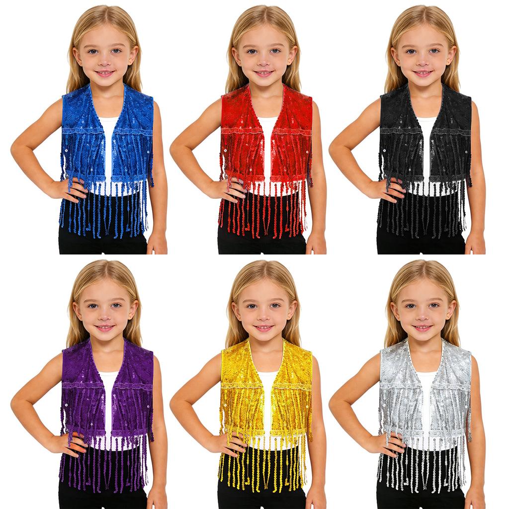 Sparkly Sequin Fringe Vest for Girls: Sleeveless Open Front Crop Top Waistcoat with Tassels, Perfect for Dance Recital & Show