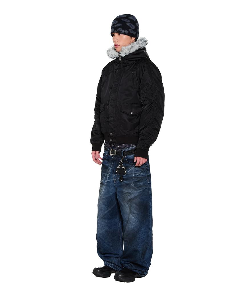 Aakam Hooded Fur Ma-1 Jacket (Black)