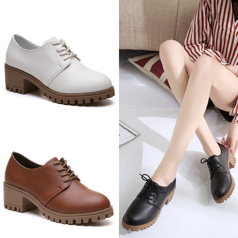 Small leather shoes women's spring and autumn 2025 new round head lace-up high-heeled single shoes women's thick-heeled waterproof table British s