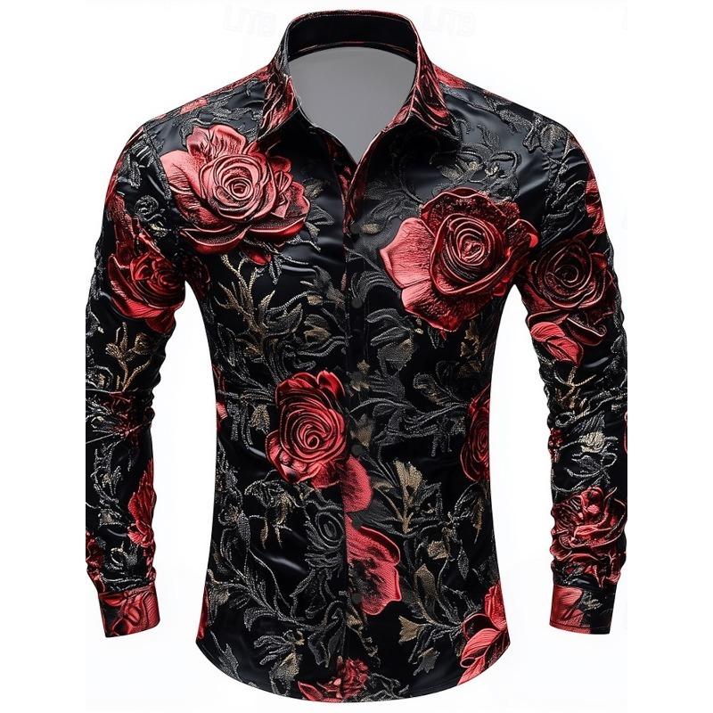 Herren Blumenmuster Rosenblüten Hemd Knopfleiste Langarm Dunkel Gotischer Stil Streetwear Sommer 3D-Druck Hemden mit Kragen M black