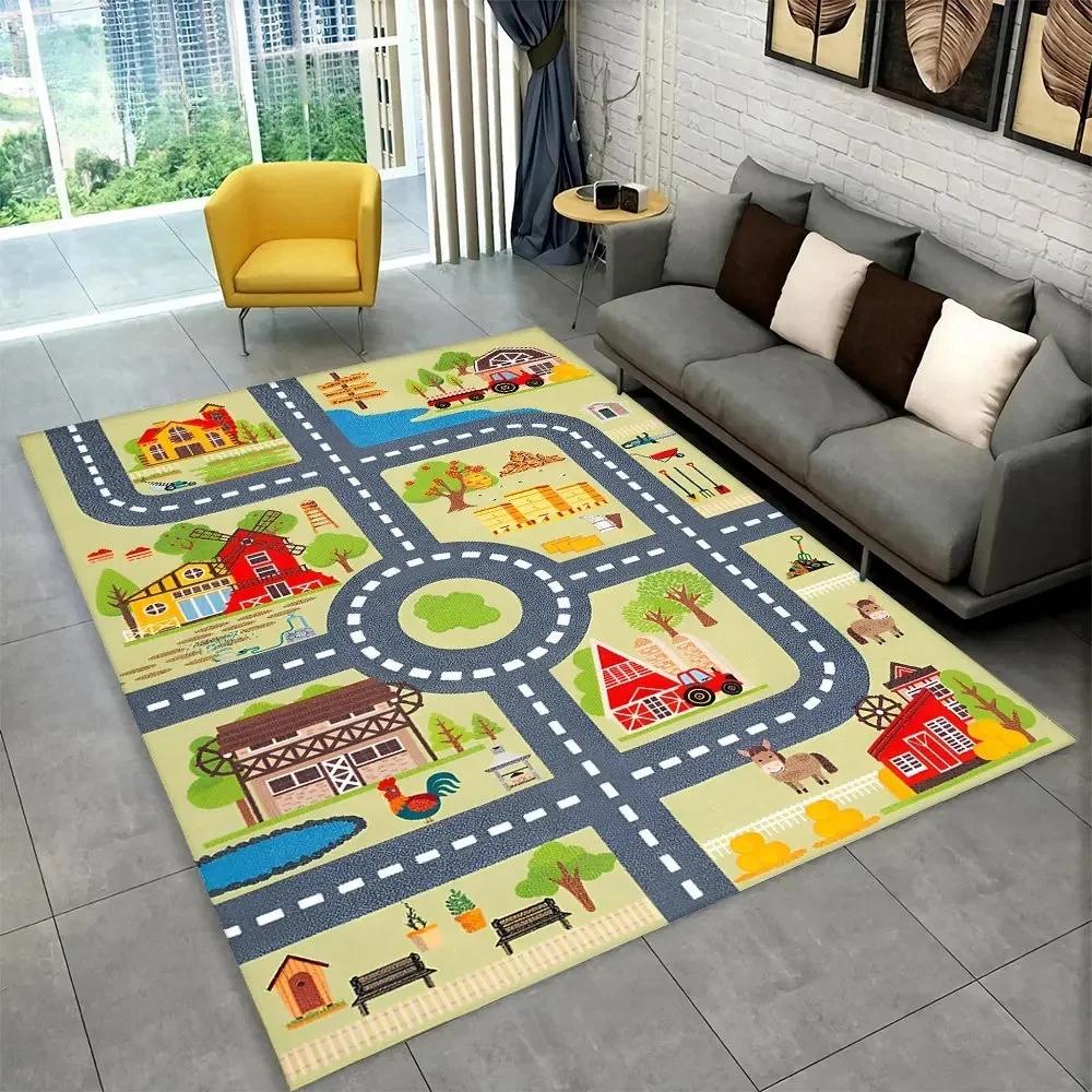 Interactive Highway City Traffic Floor Mat Large Non-Slip Carpet for Playroom Living Room Fun Rug Kids' Bedroom Play Area Decor